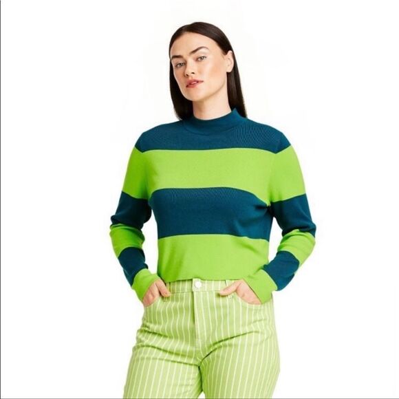 Victor Glemaud x Target Striped Mock Turtleneck Blue/Green Pullover Sweater - Picture 2 of 5